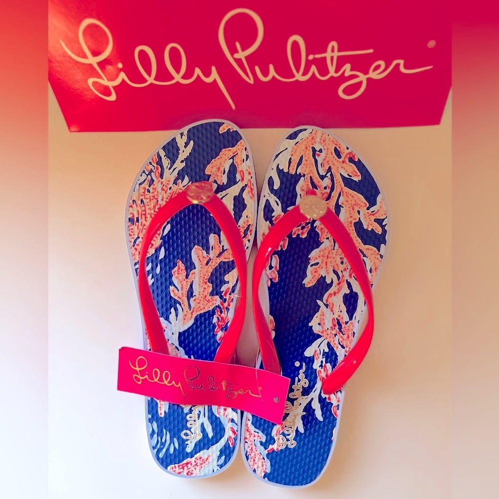 NWT Lilly Pulitzer Flip Flops in borealis blue Swim On Over, Size 7/8